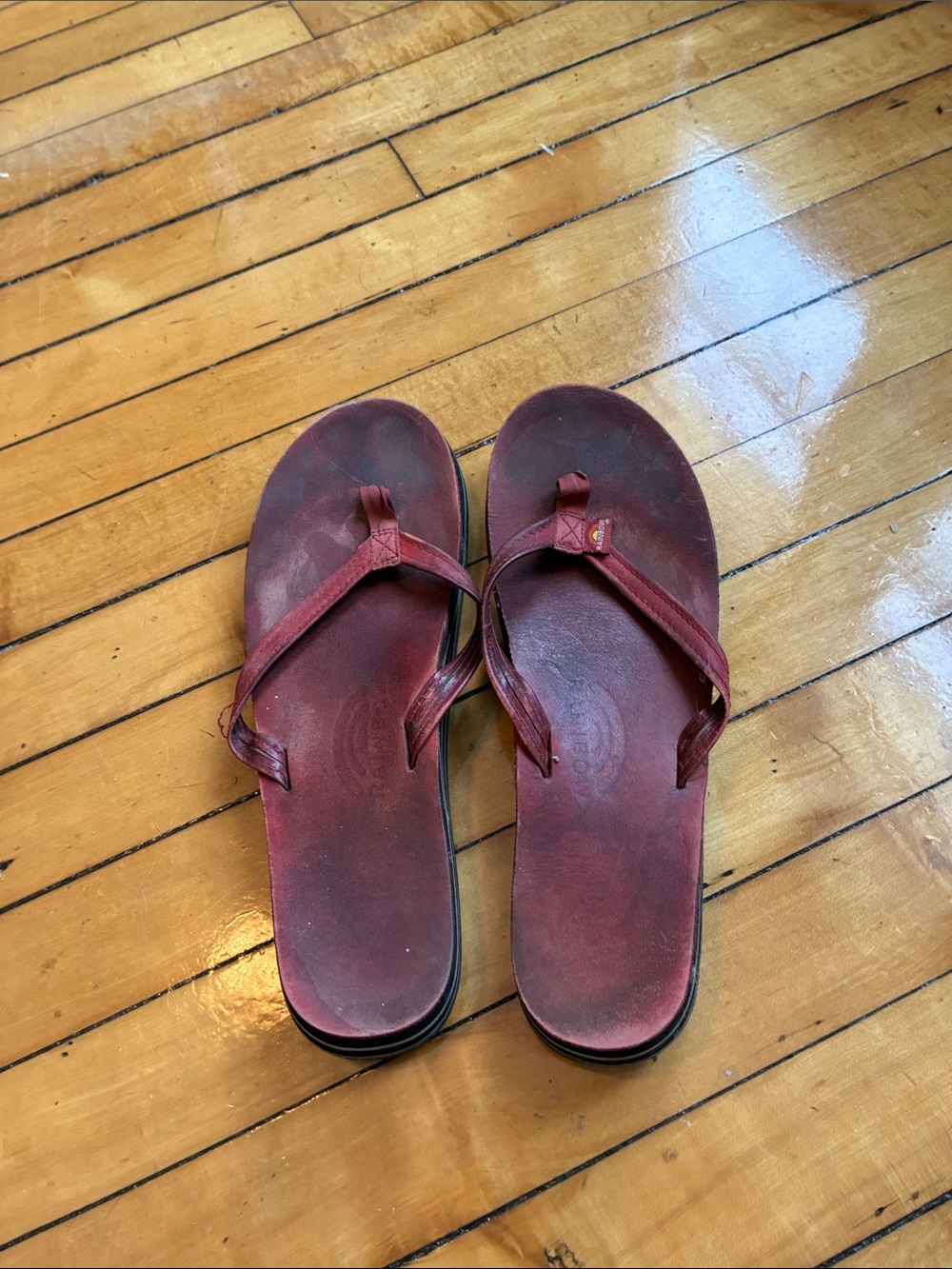 Rainbow Leather Flip Flop Sandals in Burgundy Red